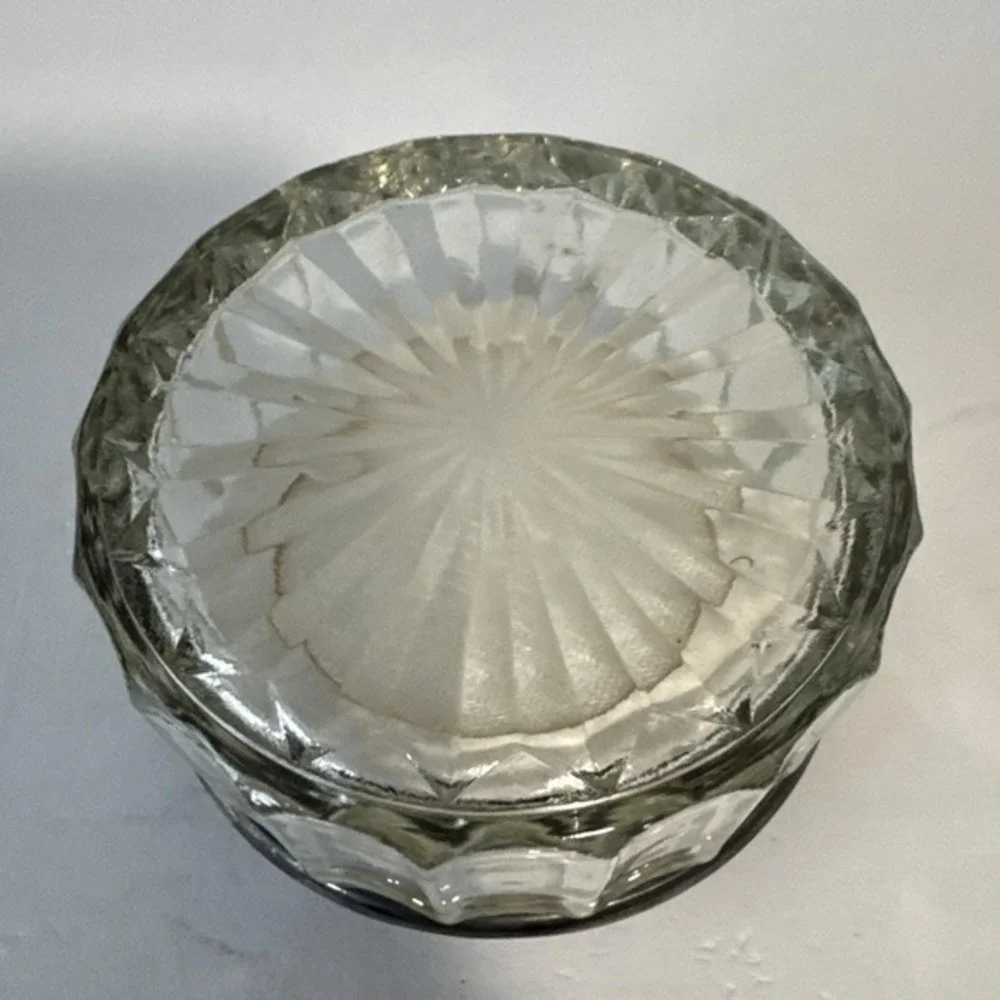 Antique Crystal Glass Powder Dish Art Nouveau Pewter Cover W/Mirror &‎ Brush